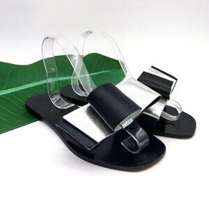 Pollini Italy Black Silver Slip On Bow Sandals Size 38 7 7.5 Metallic Open Toe